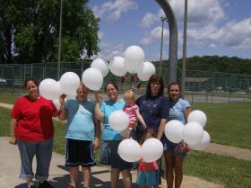 21 WHITE BALLOONS-JUST BEFORE THEIR RELEASED OVER LAKE WAPPAPELLO MO IN CELEBRATION OF VERNON'S 21ST BIRTHDAY-TRACY-SQUIRT-STACY-VERNIECE-MOM-DAWN-AND BELOW TARASAH